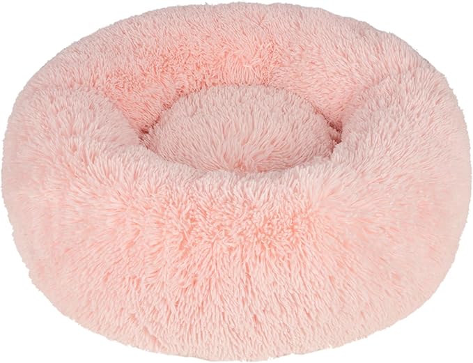 Best Pet Supplies Round Donut Dog Bed with Plush Faux Fur Fabric, Calming, Anti-Anxiety Cushion for Indoor Pets, Slip-Resistant Base, Soft Ergonomic Support - Pink, 20x20x6&