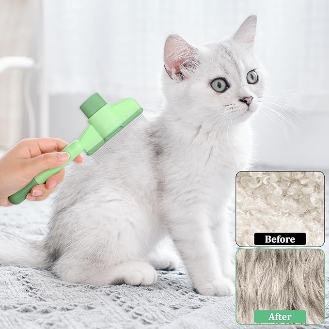 Flea Comb for Cats Dogs Brush for Shedding with Release Button Fine Tooth Pet Hair Removal Comb with Long &amp; Short Stainless Steel Teeth for Deshedding Self-Cleaning Brush for Cat Dog Small Pets