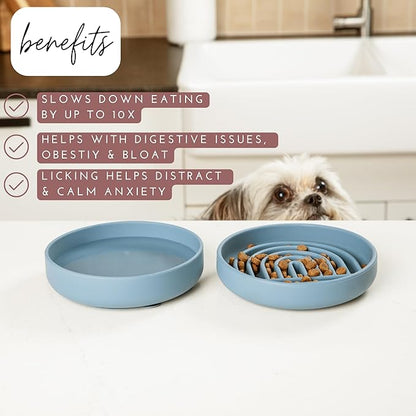The Slowdown Bowl Silicone Slow Feeder for Cats &amp; Dogs, Slow Eating Mealtime Solution with Modern Lick Mat Design, Reduces Gulping, Fits 1 Cup 6” Across x 1.25” Tall, Small-Ocean