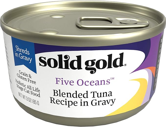 Solid Gold Wet Cat Food Shreds in Gravy - Healthy Canned Cat Food Made w/Real Tuna Shreds, Vitamins, Minerals &amp; Taurine - Grain Free &amp; Gluten Free Canned Meals for Cats &amp; Kittens - 24ct/3oz Can