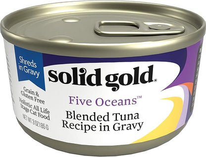 Solid Gold Wet Cat Food Shreds in Gravy - Healthy Canned Cat Food Made w/Real Tuna Shreds, Vitamins, Minerals &amp; Taurine - Grain Free &amp; Gluten Free Canned Meals for Cats &amp; Kittens - 24ct/3oz Can