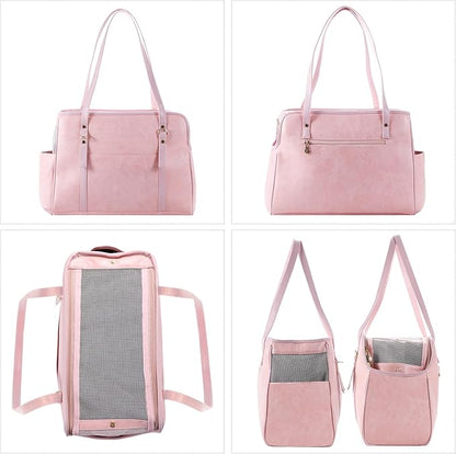 Dog Carrier Purse, Fashion Leather Pet Carrier with Pockets, Airline Approved Soft Sided Dog Carrying Bag for Puppy Cat Dog Pink