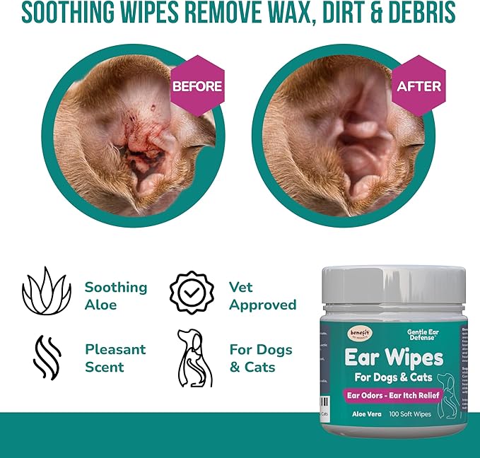 Benefit Pet Products Dog Ear Wipes - Ear Cleaner for Dogs to Prevent Infections, Itching &amp; Odor - Aloe &amp; Eucalyptus, Grooming Wipes - 100 Count