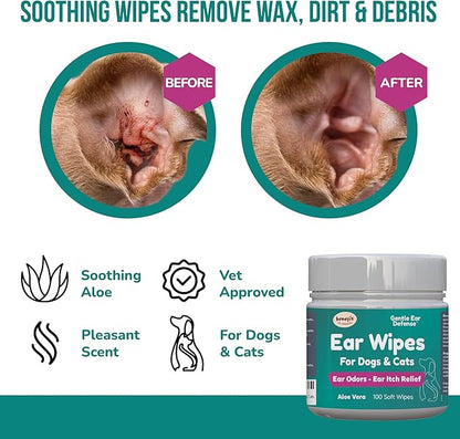 Benefit Pet Products Dog Ear Wipes - Ear Cleaner for Dogs to Prevent Infections, Itching &amp; Odor - Aloe &amp; Eucalyptus, Grooming Wipes - 100 Count