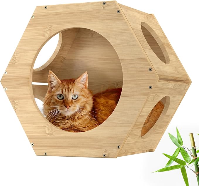 Cat Wall Furniture - Climbing Shelves, Ladders, Hammock &amp; More - Bamboo Material - Light Brown - Cat House, Shelves, Perches, Hammock, Bed, Bridges, Walkways