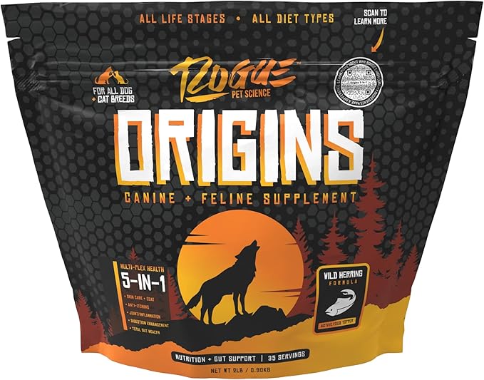 Origins 5-in-1 Dog Supplement - Powdered Food Topper w/Natural Omega 3 Fish Oil - Supports Healthy Digestion, Skin, and Coat - Helps Reduce Itching &amp; Joint Inflammation (2 lbs)