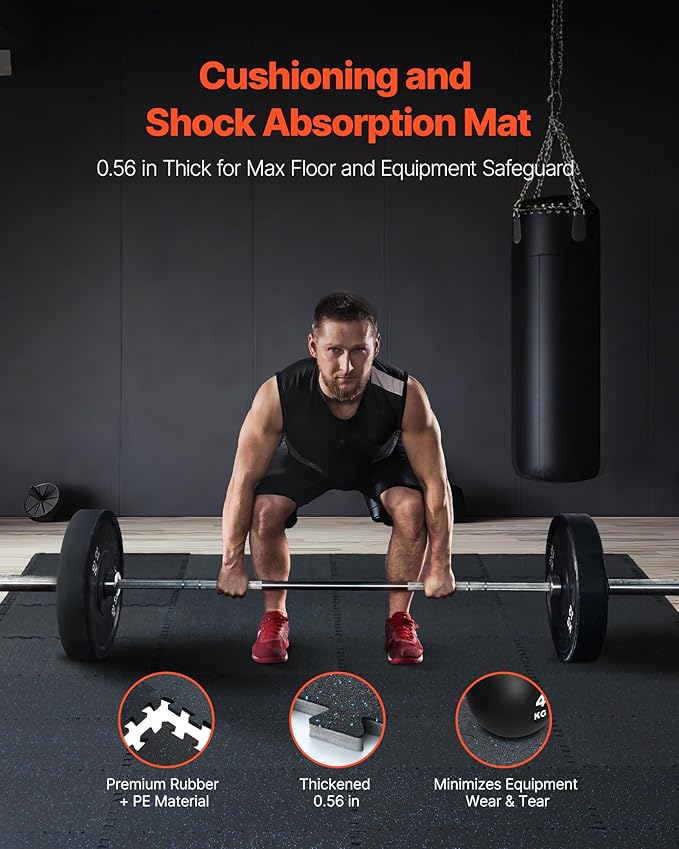 VEVOR 0.56 Inch Thick Gym Floor Tiles, 25 Tiles Rubber Top with EVA Foam, 25" x 25" Gym Flooring Workout Mats with 100sq.ft Coverage, Interlocking Puzzle Gym Mats for Gym, Home, Garage, Black &amp; Blue