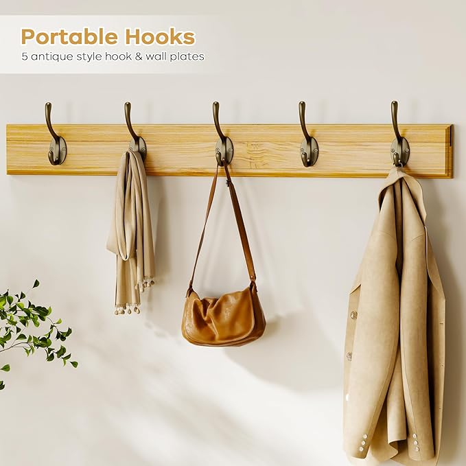 Coat Rack Shoe Bench Set, Bamboo Shoe Storage Bench with Seat Cushion &amp; 5 Hooks, Hall Tree Entryway Bench with Lift Top Hidden Storage, 35.4" W x 12.6" D x 19.7" H, for Entryway, Living Room, Bedroom