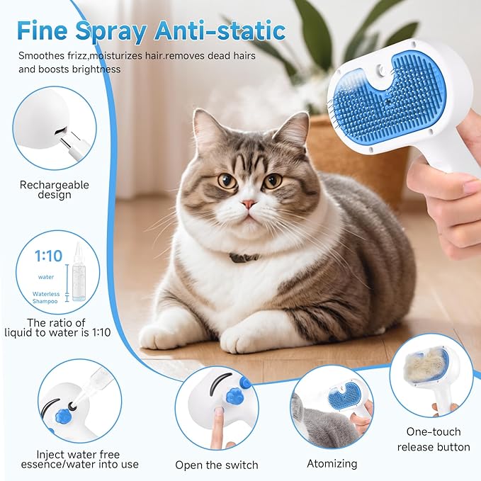 Pet Steam Brush for Dog &amp; Cat - 3-in-1 Steam Grooming Brush for Shedding &amp; Hair Removal - Self Cleaning Spray Comb with Mist for Long Haired Pets - Includes 2*Waterless Shampoo, Blue