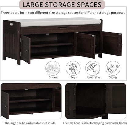 Shoe Storage Bench with 3 Shutter-Shaped Doors, Pine Wood Shoe Bench with Removable Cushion and Hidden Storage Space for Living Room, Entryway 43.5" L x 16" W x 18" H Espresso