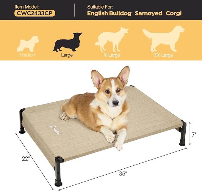 Veehoo Cooling Outdoor Dog Bed, Heavy Duty Elevated Pet Bed with Washable &amp; Breathable Teslin Mesh, Non-Slip Silicon Feet, Dog Cot Bed with Support Hem, 35" x 22", Beige Coffee, CWC2433