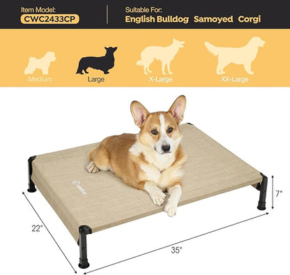 Veehoo Cooling Outdoor Dog Bed, Heavy Duty Elevated Pet Bed with Washable &amp; Breathable Teslin Mesh, Non-Slip Silicon Feet, Dog Cot Bed with Support Hem, 35" x 22", Beige Coffee, CWC2433