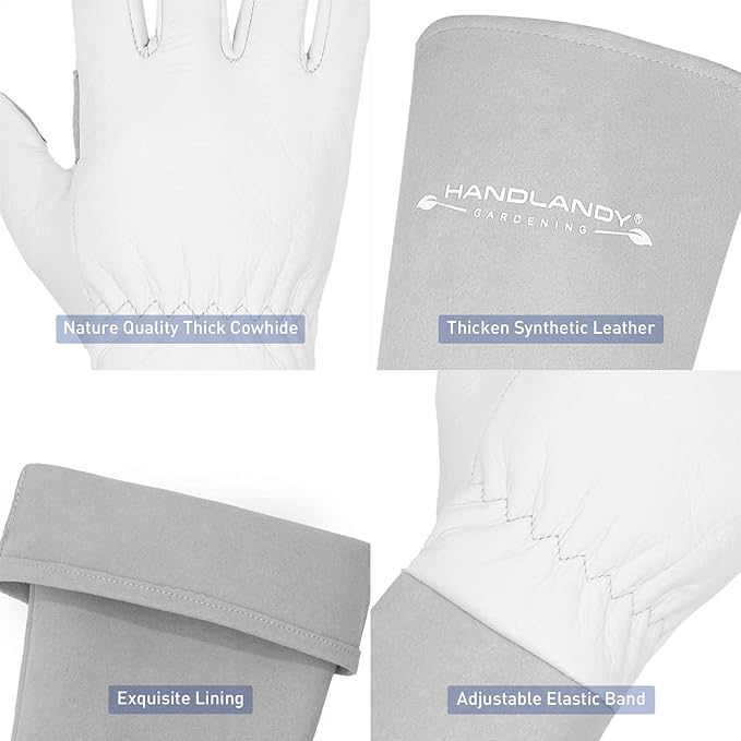 HANDLANDY Long Gardening Gloves for Men &amp; Women, Thorn Proof Rose Pruning Gloves Leather Gauntlets Garden Glove Yard Work Glove (Small, Grey)