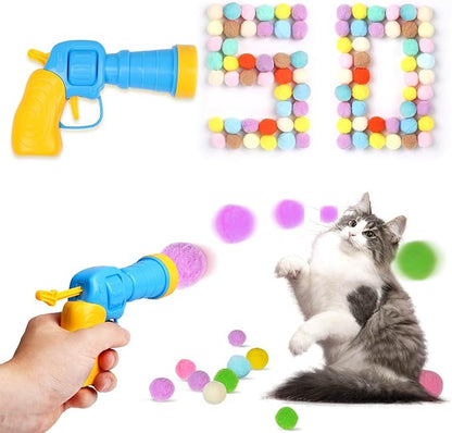 50Pcs Cat Toys Pom Pom Balls with 1 Launcher Set, Interactive Cat Toy Stuff for Indoor Both Adult &amp; Kitten Toys
