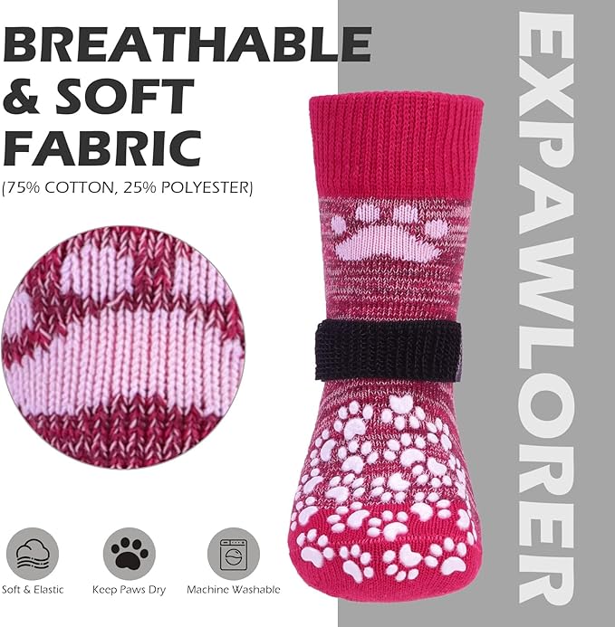 EXPAWLORER Anti Slip Dog Socks to Prevent Licking Paws, Dog Shoes for Hot Pavement, Dog Booties for Small Medium Large Senior Dogs, Traction Control Boots &amp; Paw Protectors for Hardwood Floors Rose
