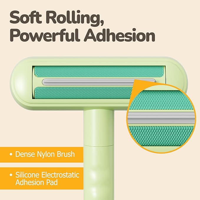 Reusable Pet Hair Remover - Lint Roller for Dog &amp; Cat Fur - for Furniture, Carpet, Clothing - Detachable Handle (Green)