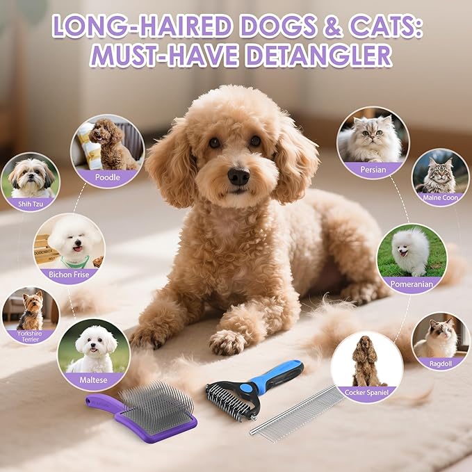 Large Slicker Brush for Dogs - 3PC Pet Grooming Kit - Undercoat Rake &amp; Stainless Comb | Long Pins Remove Mats on Poodles, Golden, Labradoodles | Thick Coat Deshedder for Dogs, Cats, Purple