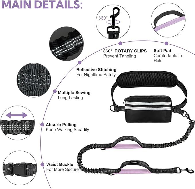 Hands Free Dog Leash, Shcok Abosoring Bungee with Double Padded Handles, Waist Leash for Dog Walking, Dog Leash with Bungee for Medium &amp; Large Dog, Dog Walking Accessories, Black Purple