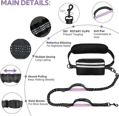 Hands Free Dog Leash, Shcok Abosoring Bungee with Double Padded Handles, Waist Leash for Dog Walking, Dog Leash with Bungee for Medium &amp; Large Dog, Dog Walking Accessories, Black Purple