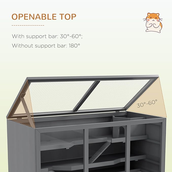 PawHut 45" Extra Large Wooden Hamster Cage, 3-Layer Chewproof Rat Cage with Opening Roof, Hut, Ramps, for Gerbil, Dwarf &amp; Syrian Hamsters, Gray