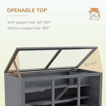 PawHut 45" Extra Large Wooden Hamster Cage, 3-Layer Chewproof Rat Cage with Opening Roof, Hut, Ramps, for Gerbil, Dwarf &amp; Syrian Hamsters, Gray
