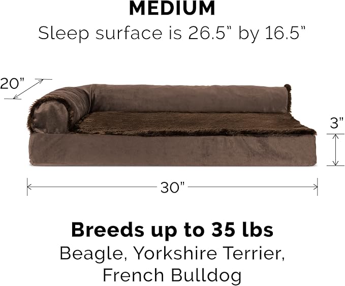 Furhaven Cooling Gel Dog Bed for Medium/Small Dogs w/ Removable Bolsters &amp; Washable Cover, For Dogs Up to 35 lbs - Plush &amp; Velvet L Shaped Chaise - Sable Brown, Medium