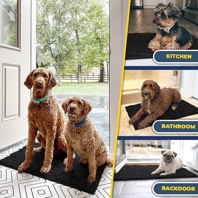 Muddy Mat® Pack of 3 Highly Absorbent Microfiber Dog Door Mat and Pet Rug, Non Slip Thick Washable Area Mat Soft Chenille for Kitchen Bathroom Bedroom and Outdoor - Black Small, Medium &amp; Large