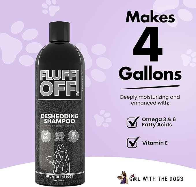 Fluff Off! by Girl With The Dogs, Natural Deshedding Dog &amp; Cat Shampoo, 16 Oz, Made in USA, 8 Wks+
