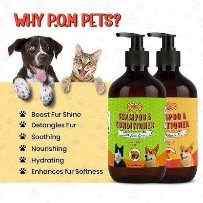 POM Pets 2 Pack 2-in-1 Organic Dog Shampoo &amp; Conditioner – Itchy Skin Relief, Dog Deshedding, Detangles Fur, Cat Shampoo, Paw Cleaner for Dogs, Natural Coat Defense Formula