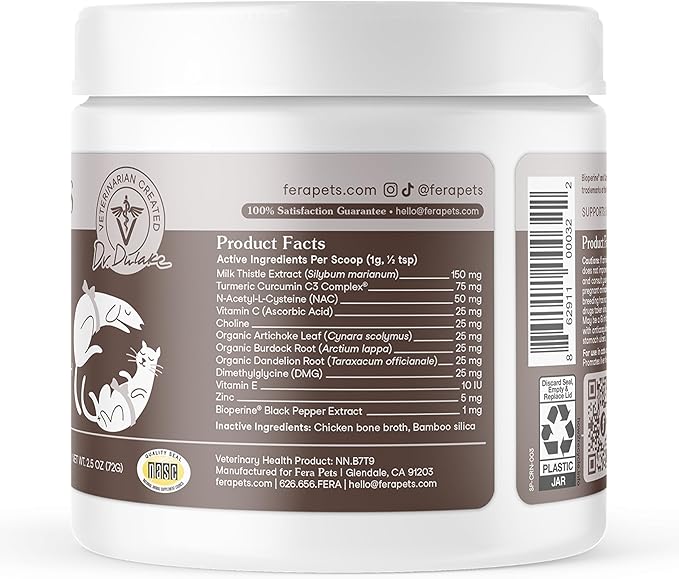 Fera Pets Liver Supplement for Dogs &amp; Cats with Milk Thistle, Choline &amp; Turmeric - Organic Botanicals - Enhances Liver Function, Immunity, Detoxification, &amp; Metabolic Function - Powder - 60 Scoops