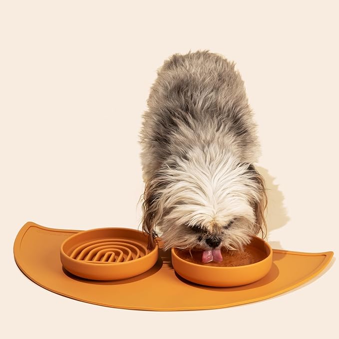 The Slowdown Bowl Silicone Slow Feeder for Cats &amp; Kittens, Slow Eating Mealtime Solution with Lick Modern Mat Design, Reduces Gulping, Fits 1 Cup 6” Across x 1.25” Tall, Small-Terracotta