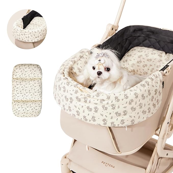 Dog Stroller Cushion &amp; Mat, Pet Stroller Cushion for Dogs &amp; Cats, 5-Level Waterproof &amp; Removable Inner Core, Dog-Ergonomic 3-Zone Support, 4-inch Thickness (Flower Set)