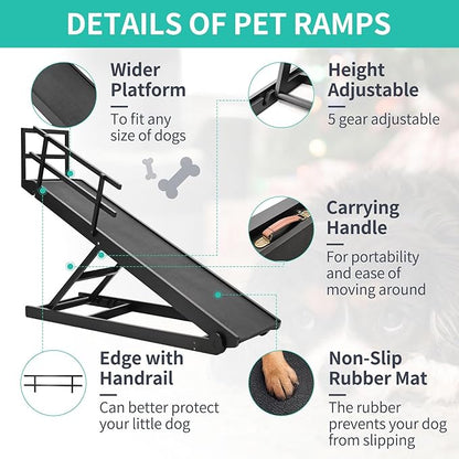Dog Ramp, 5 Level Adjustable Height Folding Pet Ramp for High Bed, Portable Paw Ramps Large Bed Ramp for Medium &amp; Large Old Dogs &amp; Cats - Natural Wood Furniture Quality