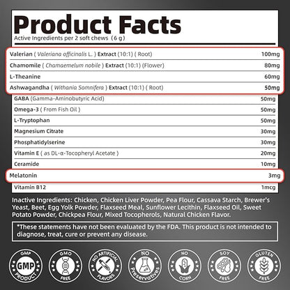 Melatonin for Dogs, Calming Chews with Valerian Root &amp; L-Theanine for Sleep Aid &amp; Emotional Support, Calming Treats for Stress Anxiety Relief, Thunder, Fireworks, Barking, Chicken Flavor, 90Ct