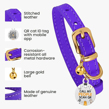 BRONZEDOG Leather Cat Collar with Removable Bells Non Breakaway Kitten QR Tag for Girl Boy (7" - 9" for Cats, Purple &amp; Gold)