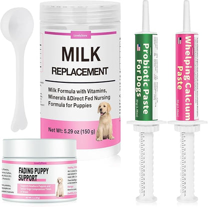 4 in 1 Whelping Kit for Dogs - Whelping Calcium Paste, Probiotic Paste, Fading Puppy Support &amp; Puppy Milk Replacer - Essential Dog Whelping Supplies for Safe Delivery, Strong Puppies &amp; Nursing Support