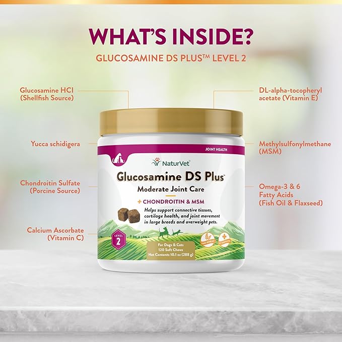 NaturVet – Glucosamine DS Plus - Level 2 Moderate Care – Supports Healthy Hip &amp; Joint Function – Enhanced with Glucosamine, MSM &amp; Chondroitin – for Dogs &amp; Cats–120 Soft Chews