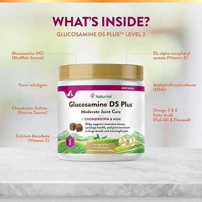 NaturVet – Glucosamine DS Plus - Level 2 Moderate Care – Supports Healthy Hip &amp; Joint Function – Enhanced with Glucosamine, MSM &amp; Chondroitin – for Dogs &amp; Cats–120 Soft Chews