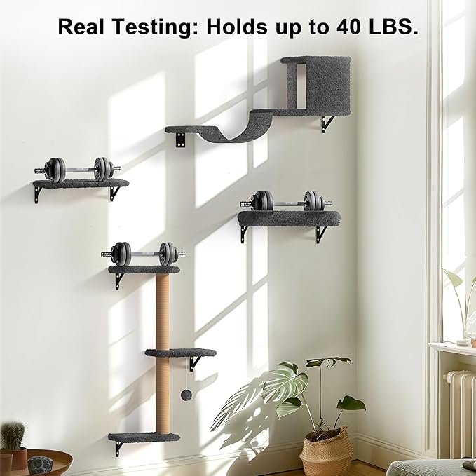 FUKUMARU Cat Wall Shelves, Stable &amp; Safe 4 in 1 Cat Furniture Set, Wooden Climbing Wall with Scratching Post for 16 Inch Drywall - Gray