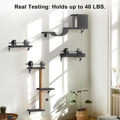 FUKUMARU Cat Wall Shelves, Stable &amp; Safe 4 in 1 Cat Furniture Set, Wooden Climbing Wall with Scratching Post for 16 Inch Drywall - Gray
