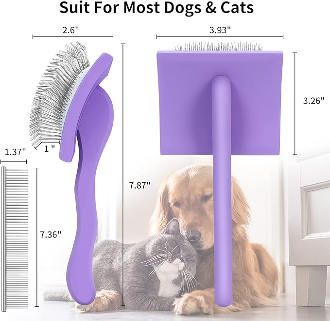 Slicker Brush for Dogs, Long Pin Dog Grooming Brush for Goldendoodles, Poodles, Doodles &amp; More, Includes Bonus Pet Comb, Perfect for De-Shedding, Dematting &amp; Reducing Tangles. Large, Purple