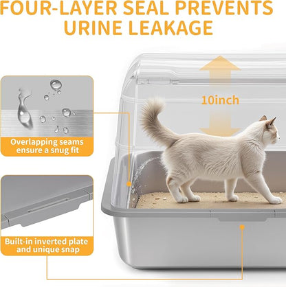 Stainless Steel Litter Box with Lid, XL Extra Large Cat Litter Box, Enclosed Metal Litter Pan with High Sided Enclosure &amp; Scoop, Anti Leakage, Easy to Clean, Odor Control(Grey)