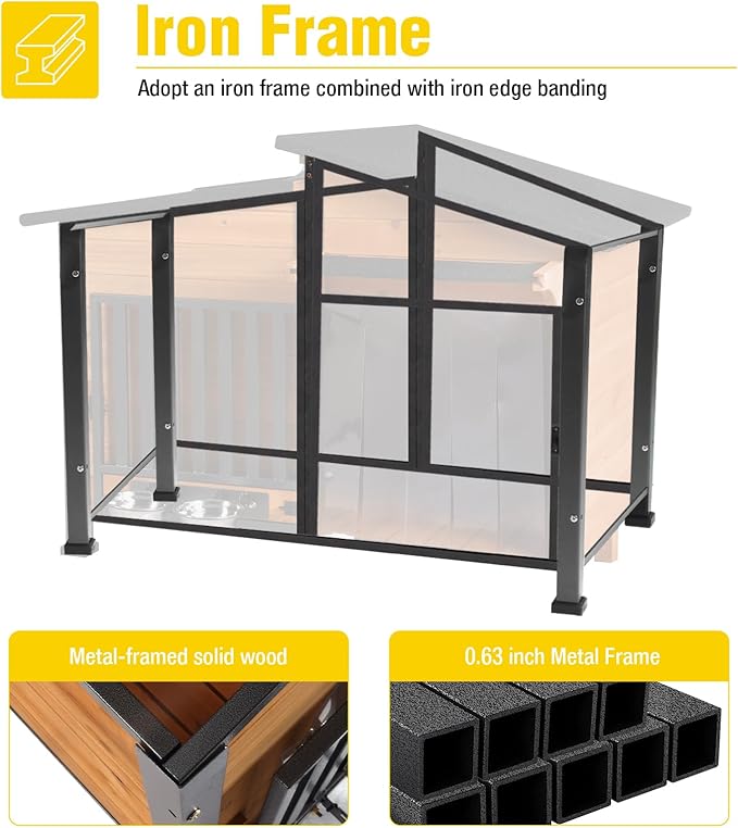 Chew-Resistant Dog House with Metal Frame, Wooden Kennel for Indoor &amp; Outdoor Use, Waterproof Roof &amp; Feeding Bowls Included (Wood, L-in)