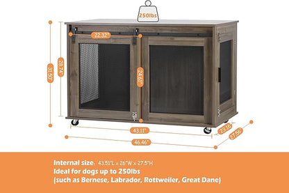 LINLUX 47 Inch XL Dog Crate Furniture, Wooden Heavy Duty Dog Kennel Indoor, Decorative Dog Cage Table for Extra Large Dogs, with Sliding Doors, Wheels and Flip-top Plate