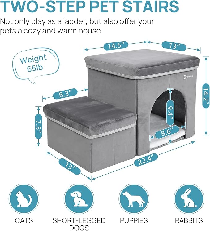 Foldable Pet Stairs for Beds &amp; Sofas - Non-Slip Dog Steps with Storage for Small to Medium Dogs &amp; Cats, Supports up to 120 lbs - Durable 2 &amp; 3-Step Doggie Ladder for Easy Access