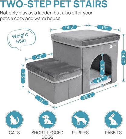 Foldable Pet Stairs for Beds &amp; Sofas - Non-Slip Dog Steps with Storage for Small to Medium Dogs &amp; Cats, Supports up to 120 lbs - Durable 2 &amp; 3-Step Doggie Ladder for Easy Access