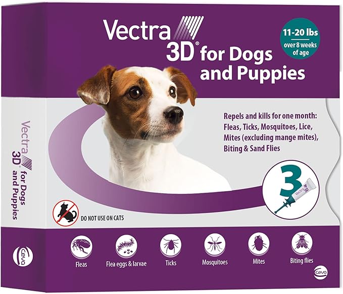 Vectra 3D for Dogs Flea, Tick &amp; Mosquito Treatment &amp; Prevention for Small Dogs (11 – 20 lbs) , 3 month supply