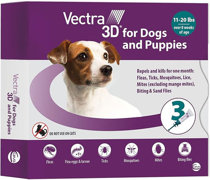 Vectra 3D for Dogs Flea, Tick &amp; Mosquito Treatment &amp; Prevention for Small Dogs (11 – 20 lbs) , 3 month supply