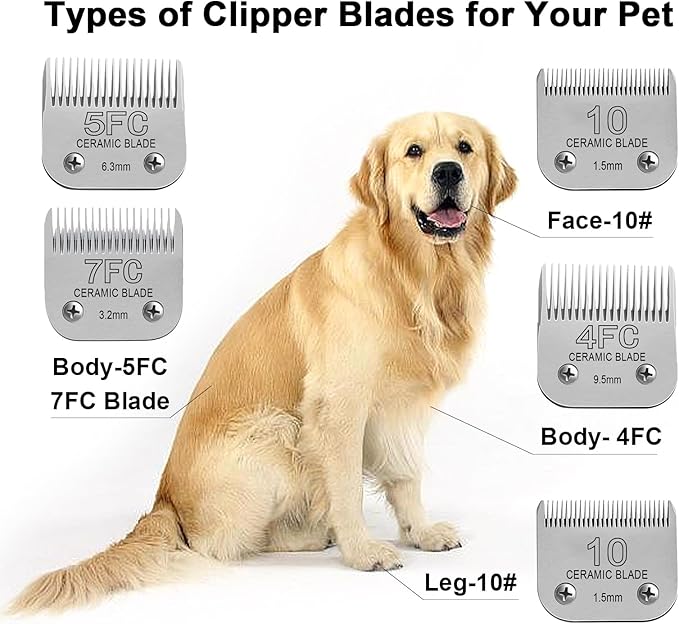 Detachable Pet Dog Clipper Blades, Compatible with Size-4FC (9.5mm), Most Oster A5, KM Series Clippers,Made of Ceramic Blade &amp; Stainless Steel Blade 2Pack