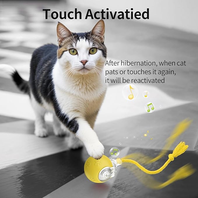 Interactive Cat Toys, Automatic Moving Cat Toys for Bored Indoor Adult Cats, Fast Rolling, Chirping &amp; Motion-Activated Kitty Toys, Fun Gift for Cats with Speedy Tail 2.0, USB Rechargeable, Yellow